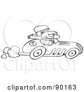 Royalty Free RF Clipart Illustration Of An Outlined Toon Guy Racing A Car by gnurf