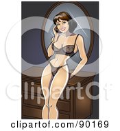Poster, Art Print Of Sexy Pinup Woman In Her Lingerie Leaning Against A Dresser And Touching Her Hair