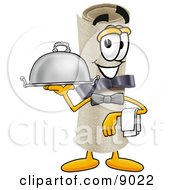 Diploma Mascot Cartoon Character Dressed As A Waiter And Holding A Serving Platter