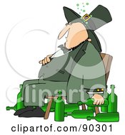 Poster, Art Print Of Chubby Drunk Leprechaun Sitting In A Chair With Alcohol Bottles On The Floor