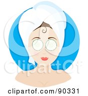 Poster, Art Print Of Relaxed Woman Wearing A Head Towel And Cucumbers Over Her Eyes