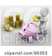 Poster, Art Print Of 3d White Character Inserting A Gold Coin Into A Piggy Bank