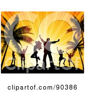 Poster, Art Print Of Silhouetted Dancers Against An Orange Sunset On A Beach