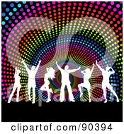 Poster, Art Print Of White Silhouetted Dancers Over A Rainbow Halftone Spiral Background