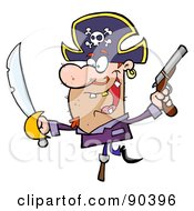 Poster, Art Print Of Pirate Holding Up A Sword And Pistol And Balancing On His Peg Leg