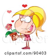 Poster, Art Print Of Amorous Blond Girl Giving A Daisy Plant