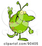 Poster, Art Print Of Spotted Green Alien Smiling And Gesturing The Peace Sign