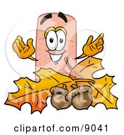 Clipart Picture Of A Bandaid Bandage Mascot Cartoon Character With Autumn Leaves And Acorns In The Fall