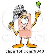 Clipart Picture Of A Bandaid Bandage Mascot Cartoon Character Preparing To Hit A Tennis Ball by Mascot Junction
