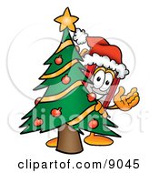 Poster, Art Print Of Red Book Mascot Cartoon Character Waving And Standing By A Decorated Christmas Tree