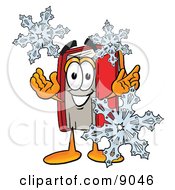 Poster, Art Print Of Red Book Mascot Cartoon Character With Three Snowflakes In Winter