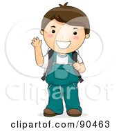 Poster, Art Print Of Happy Waving Brunette School Boy In Overalls