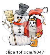 Poster, Art Print Of Red Book Mascot Cartoon Character With A Snowman On Christmas