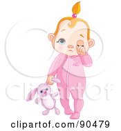 Poster, Art Print Of Red Haired Baby Girl Rubbing Her Eye And Carrying A Stuffed Bunny