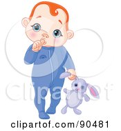 Poster, Art Print Of Red Haired Baby Boy Sucking His Thumb And Carrying A Stuffed Bunny