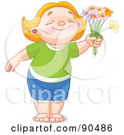 Poster, Art Print Of Cute Red Haired Girl Or Boy Smiling And Holding Out Daisies