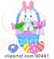 Poster, Art Print Of Cute White Bunny Looking Out Of A Blue Easter Basket