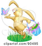 Poster, Art Print Of Beige Bunny Chasing A Butterfly And Carrying An Easter Basket