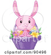 Poster, Art Print Of Cute Pink Bunny Looking Out Of A Purple Easter Basket