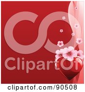 Poster, Art Print Of Red Valentines Day Background With Pink Blossoms And A Heart