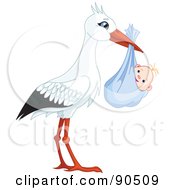 Poster, Art Print Of White And Black Stork Carrying A Bundled Baby Boy