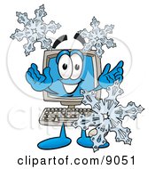 Poster, Art Print Of Desktop Computer Mascot Cartoon Character With Three Snowflakes In Winter