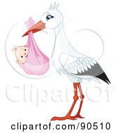 Poster, Art Print Of White And Black Stork Carrying A Bundled Baby Girl