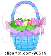 Poster, Art Print Of Easter Eggs On Grass In A Purple And Blue Basket
