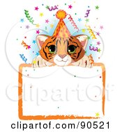 Adorable Tiger Cub Wearing A Party Hat Looking Over A Blank Starry Sign With Colorful Confetti