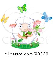 Poster, Art Print Of Cute Sheep Holding Tulips And Surrounded By Butterflies