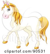 Poster, Art Print Of Cute Walking White Horse With Yellow Hair