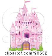 Pink Fairy Tale Castle With Turrets And Shrubs