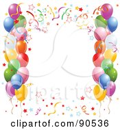 Poster, Art Print Of Border Of Colorful Confetti And Party Balloons Around White Space