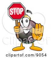 Eight Ball Mascot Cartoon Character Holding A Stop Sign