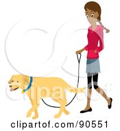 Pretty Hispanic Woman Walking Her Golden Retriever Dog On A Leash