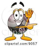 Eight Ball Mascot Cartoon Character Waving And Pointing