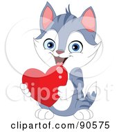 Poster, Art Print Of Cute Gray Kitten Holding A Red Heart