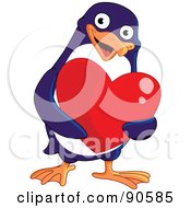 Poster, Art Print Of Cute Blue Penguin Holding A Shiny Red Heart