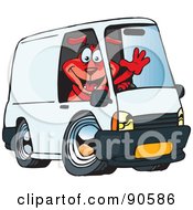 Poster, Art Print Of Friendly Red Dog Waving And Driving A White Delivery Van