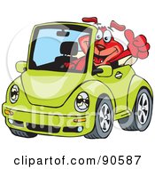 Poster, Art Print Of Red Dog Driving A Green Slug Bug Convertible And Giving The Thumbs Up