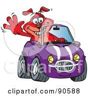 Happy Waving Red Dog Driving A Purple Convertible Car by Dennis Holmes Designs