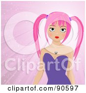 Pink Haired Manga Girl In A Purple Dress Over A Pink Background