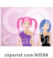 Pink And Purple Haired Manga Girls In Purple And Black Dresses Over A Pink Background