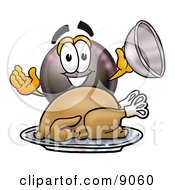 Clipart Picture Of An Eight Ball Mascot Cartoon Character Serving A Thanksgiving Turkey On A Platter by Toons4Biz
