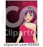 Black Haired Manga Girl In A Pink Dress Over A Grungy Heart Background