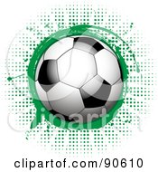 Shiny Soccer Ball Over A Green Splatter On Halftone