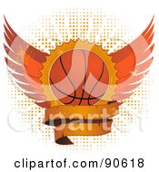 Poster, Art Print Of Grungy Basketball Shield With Wings And A Blank Banner Over Halftone