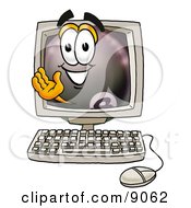 Eight Ball Mascot Cartoon Character Waving From Inside A Computer Screen