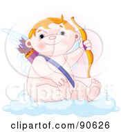 Poster, Art Print Of Cute Chubby Cupid Sitting On A Cloud And Holding Up A Bow
