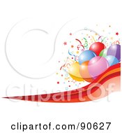 Poster, Art Print Of Colorful Party Balloon Cluster With Confetti Over A Red Wave